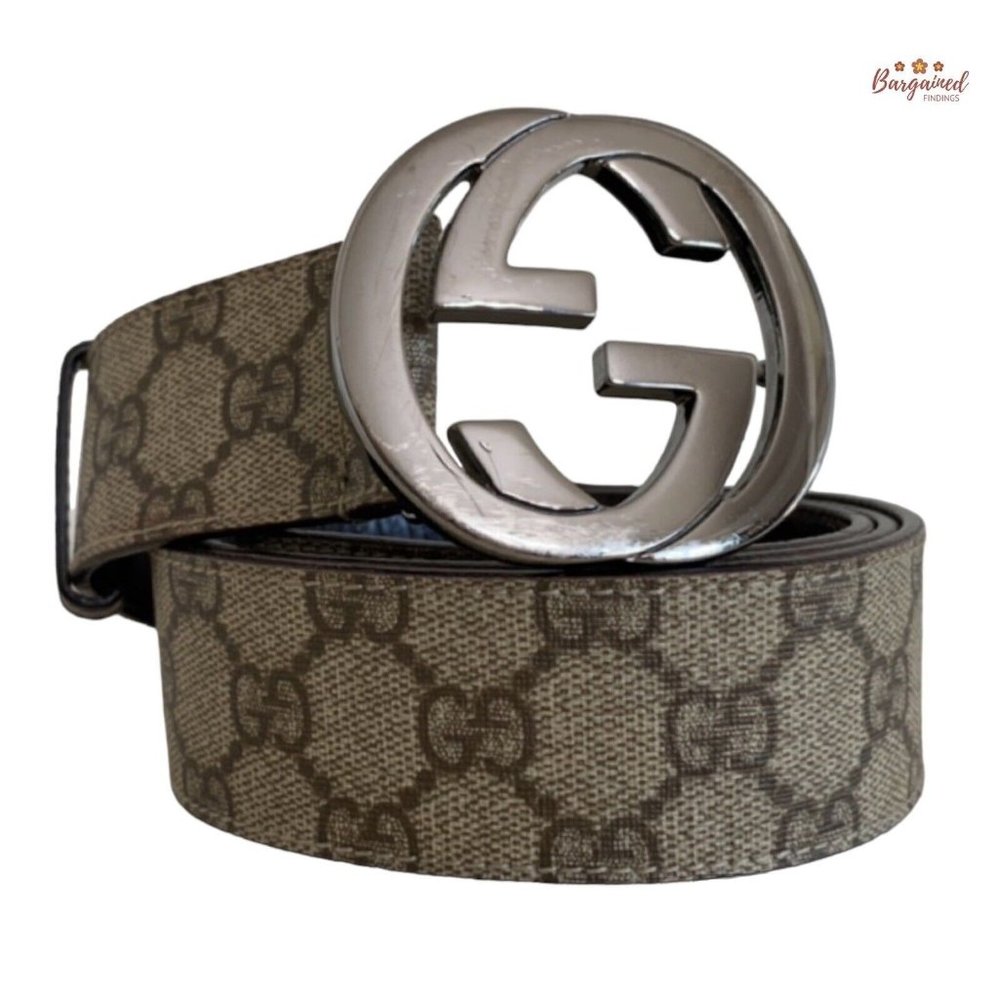 Auth Gucci Brown GG Supreme Canvas Leather Silver Interlocking G Buckle 95/38